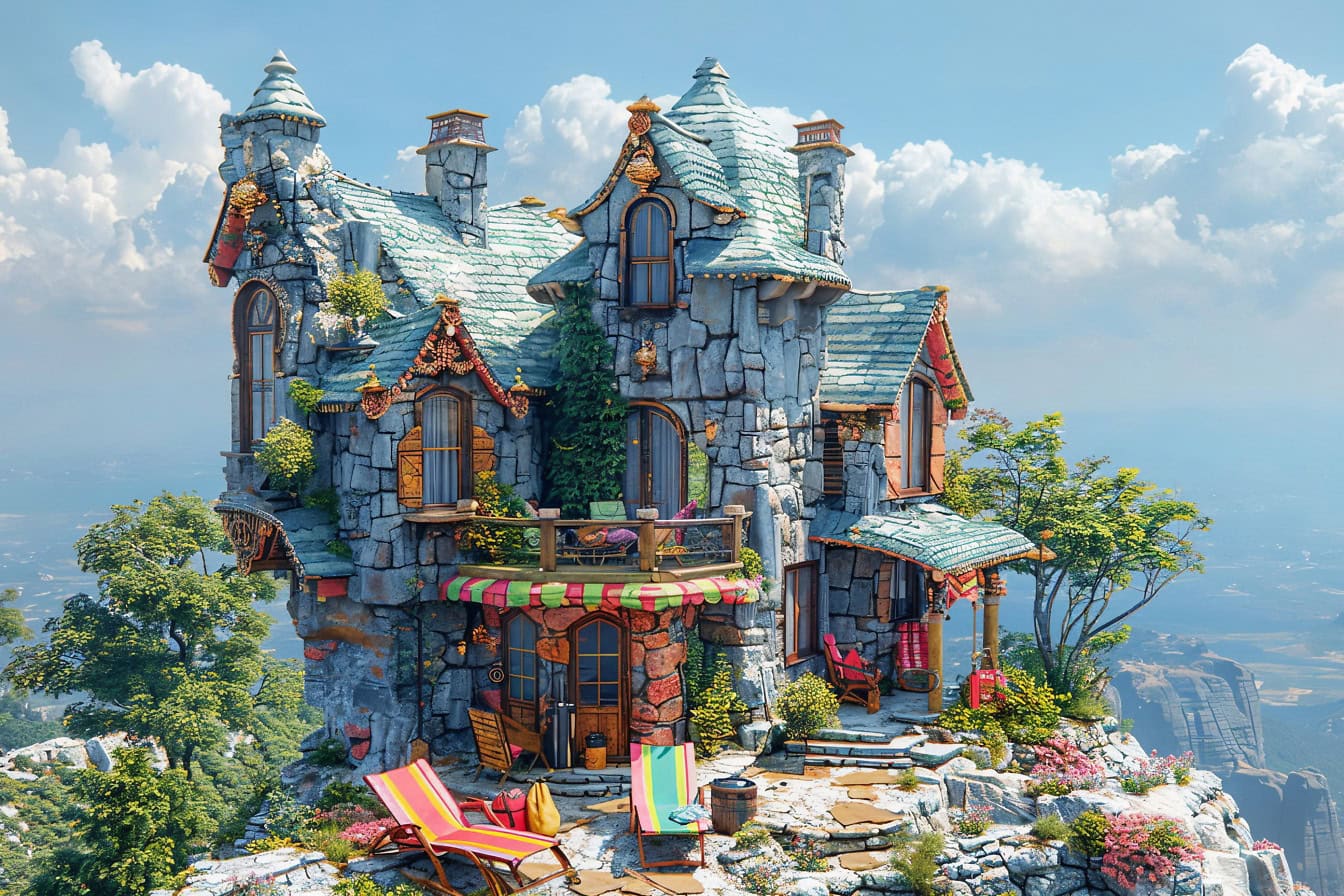 A 3D stone house in a cartoon style with a balcony placed on top of reef in a fairytale land