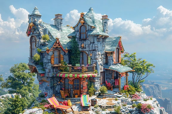 Ein 3D-Steinhaus im Cartoon-Stil mit einem Balkon auf einem Riff in einem märchenhaften Land