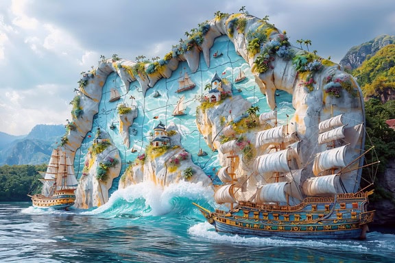 Glorious photomontage in maritime-nautical style of sailing ships and 3D relief of cliff