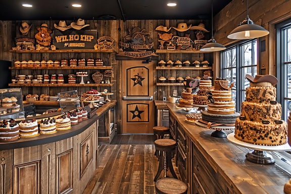 Interior of rustic cake shop in style of Texas wild west