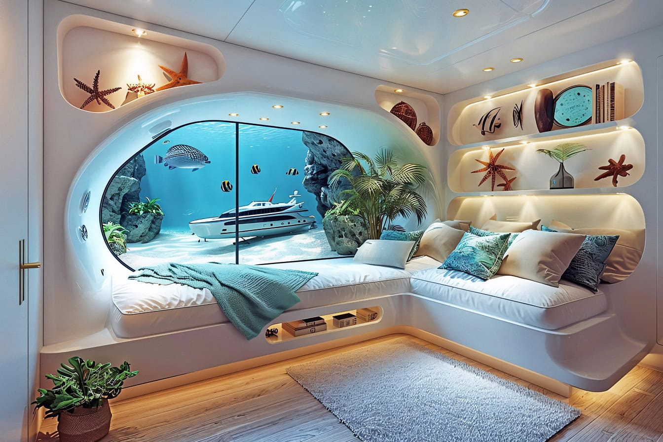 Projeto de conceito 3D de um quarto em um apartamento de hotel no fundo do mar com uma grande janela com vista para o mundo subaquático