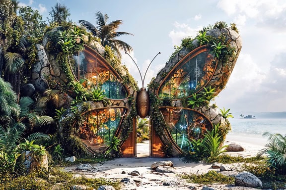 Archifiction concept design, a butterfly shaped building made of rocks and plants on a beach in dreamland