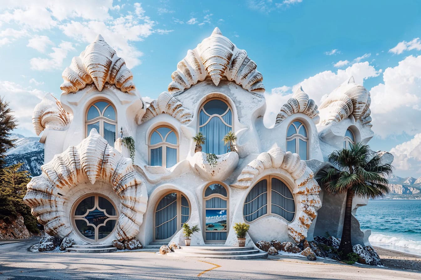 Photomontage of mansion with shells, 3D graphic rendering of a residential house in an interesting shape