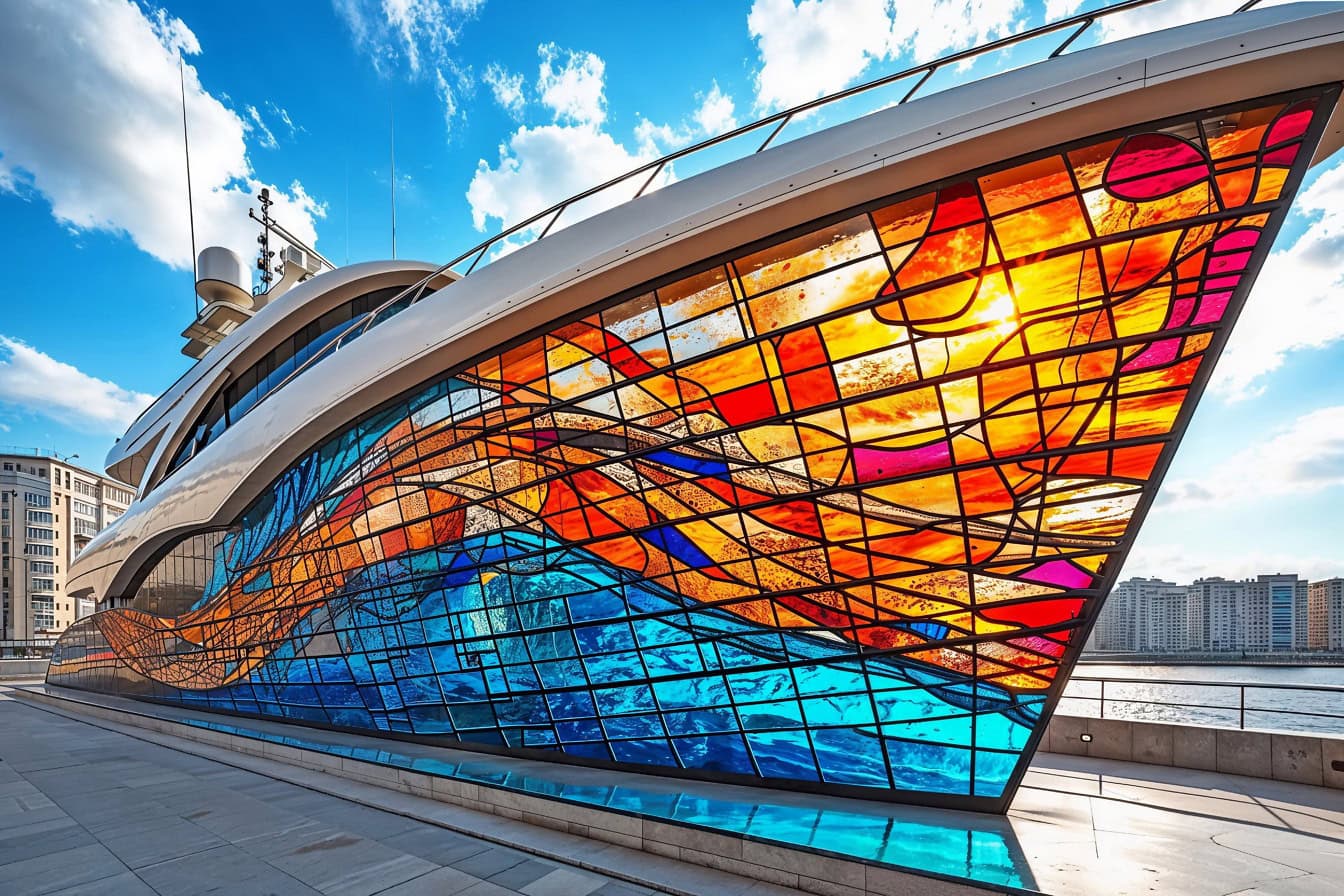 Scultura colorata in vetro colorato di uno yacht nel porto urbano