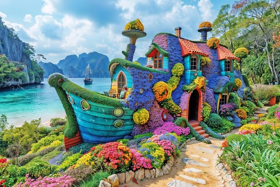 Une maison florale enchantée de conte de fées en forme de bateau au pays des rêves fantaisiste et magique