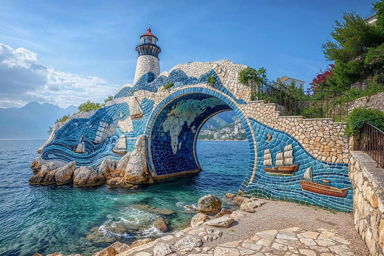 Un faro en un puente en la costa del mar con muro de piedra con mosaico en estilo marítimo