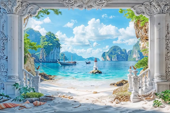 Photomontage 3D sân sau của biệt thự bên bờ biển với các cột theo phong cách Hy Lạp cổ xưa