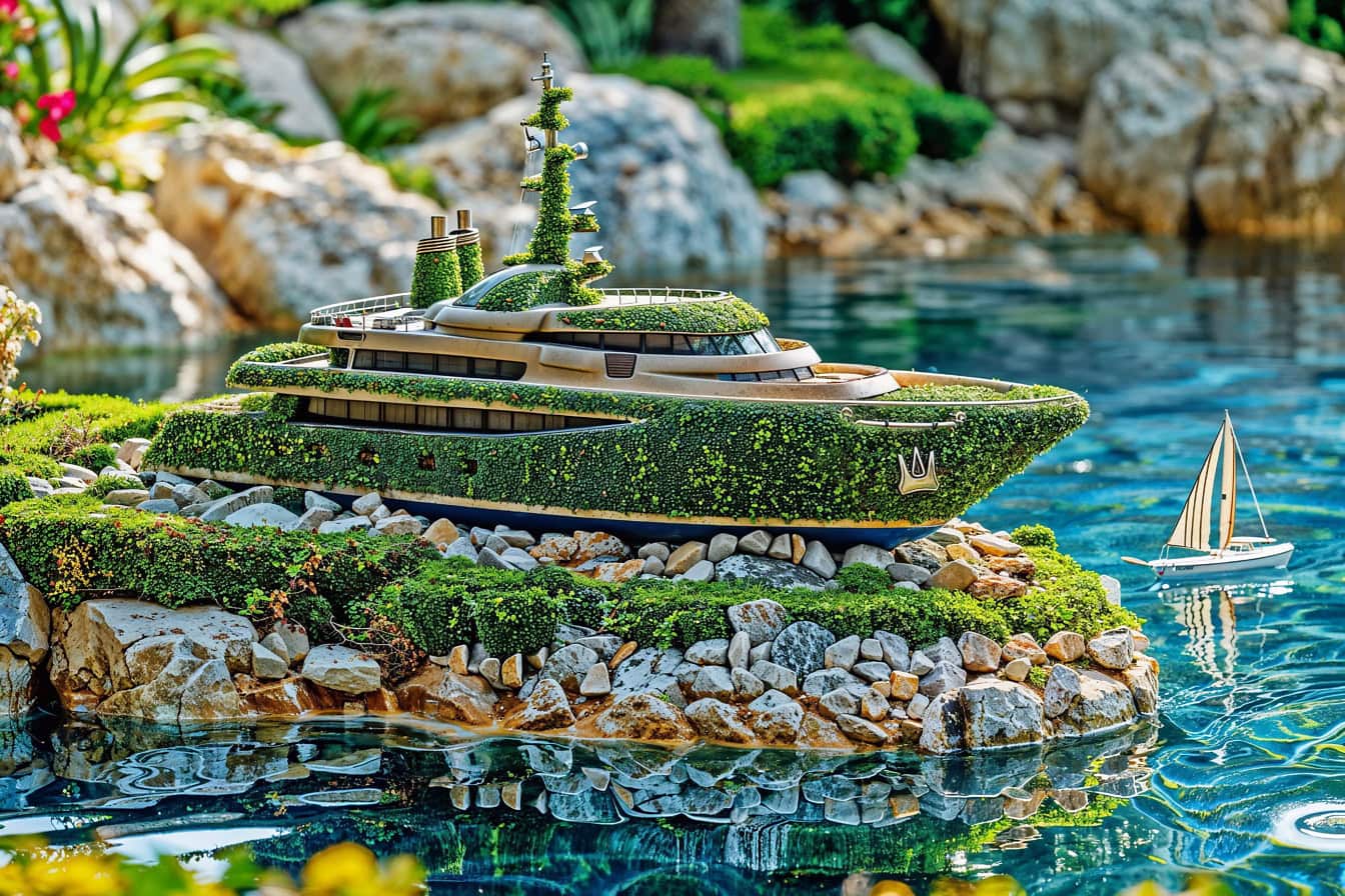 3D model of a yacht made out of plants on rocks in backyard