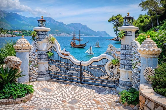 Backyard gateway of coastal villa with bay in the background