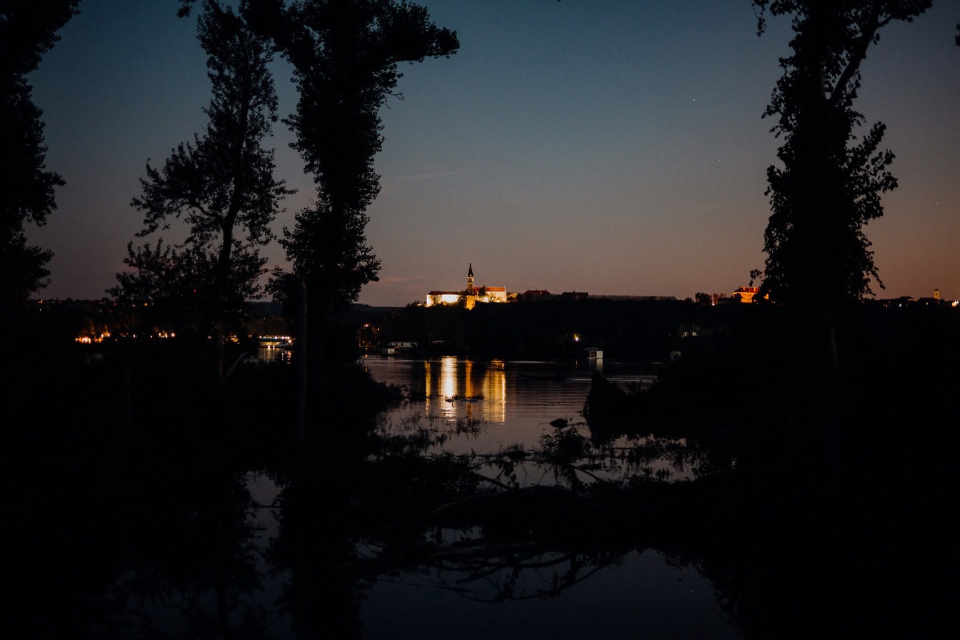 Yön maisema järven rannalla, puiden siluetti pimeässä ja linna kaukaisuudessa