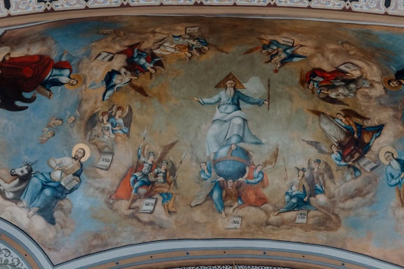 A fresco painting with religious motives and saints on the ceiling of the Orthodox church in the Byzantine-Baroque style