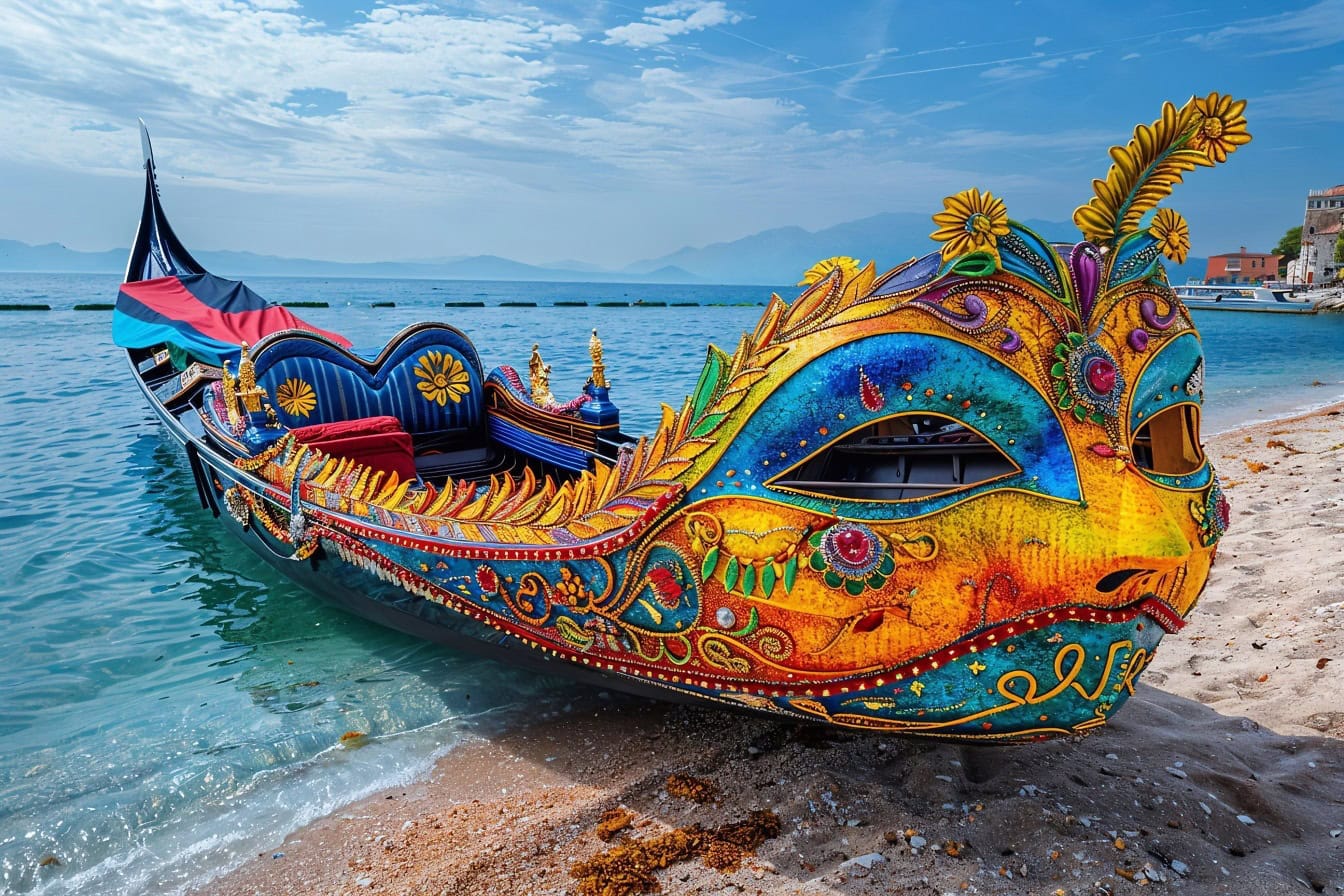 Um barco de gôndola colorido com uma máscara luxuosamente decorada no estilo barroco renascentista clássico ancorado em uma praia de Veneza