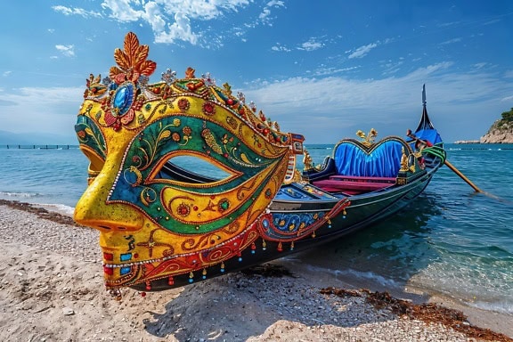 A traditional Italian gondola boat with a luxuriously decorated mask on front in the classic Renaissance Baroque style on a beach of Venice