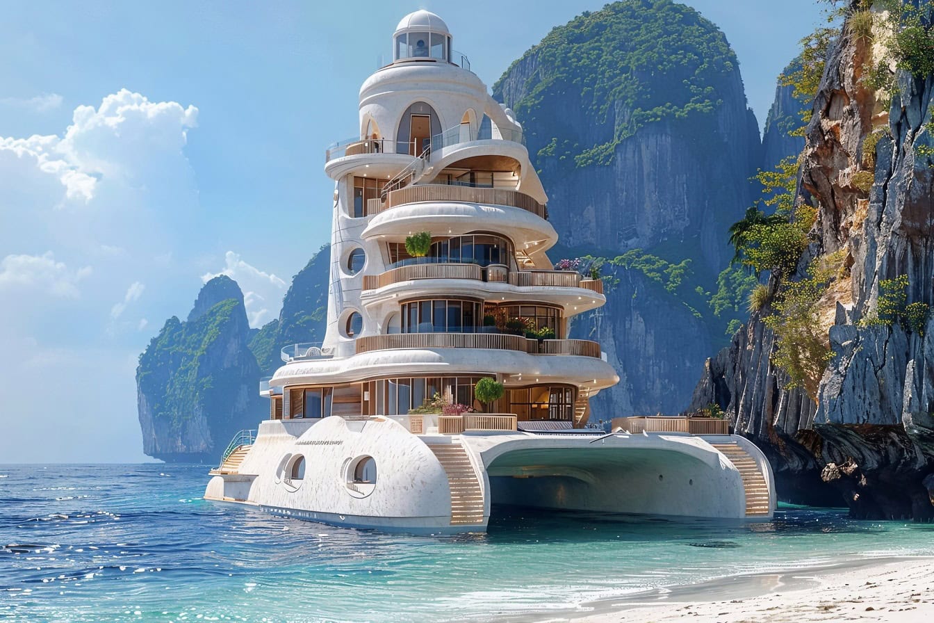 3D-weergave van het futuristische architecturale concept van een catamaran-hotel, een gebouw van vijf verdiepingen aan het water naast een tropisch strand