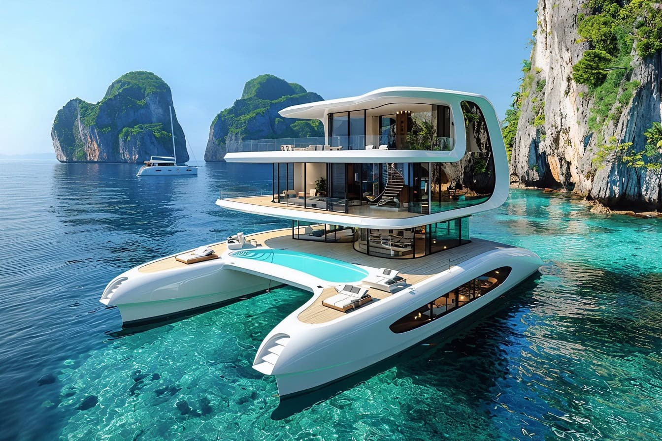 3D architectural concept of an exclusive resort yacht-catamaran with a apartment for a billionaire