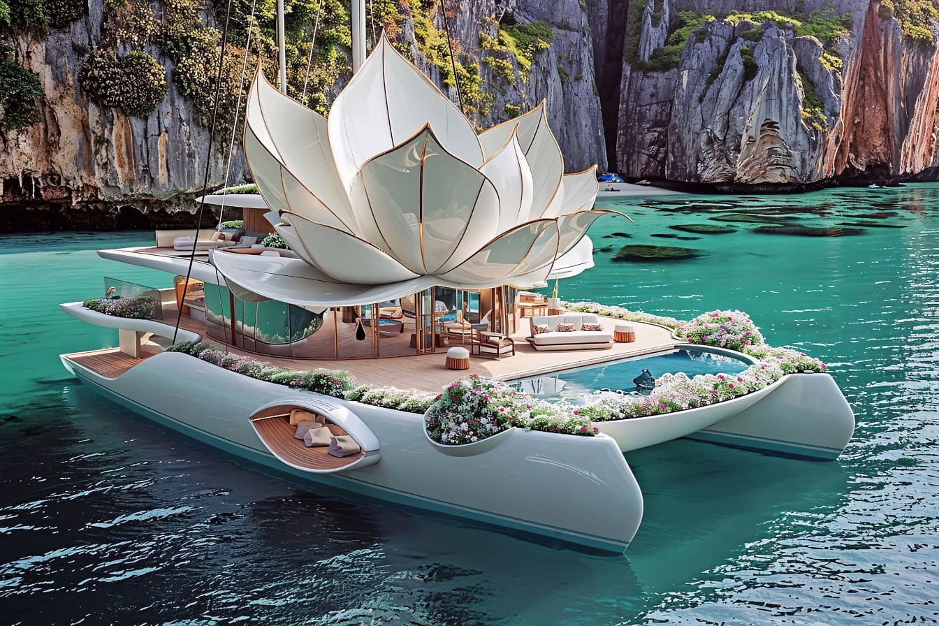 3D concept van een luxe catamaran met een decoratieve witte lotusbloem op de top