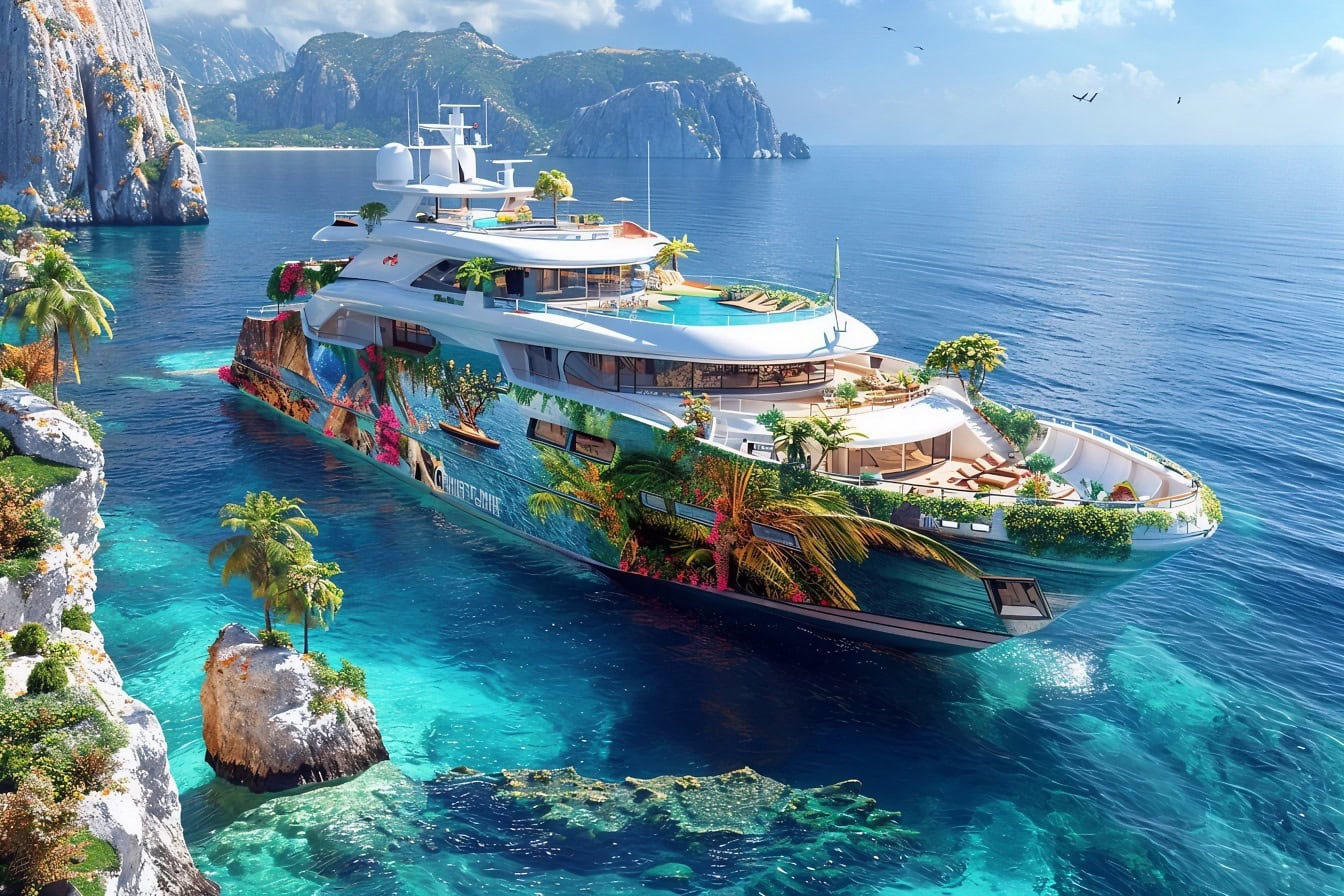 A large cruise ship-yacht painted in a tropical theme in the water off remote islands