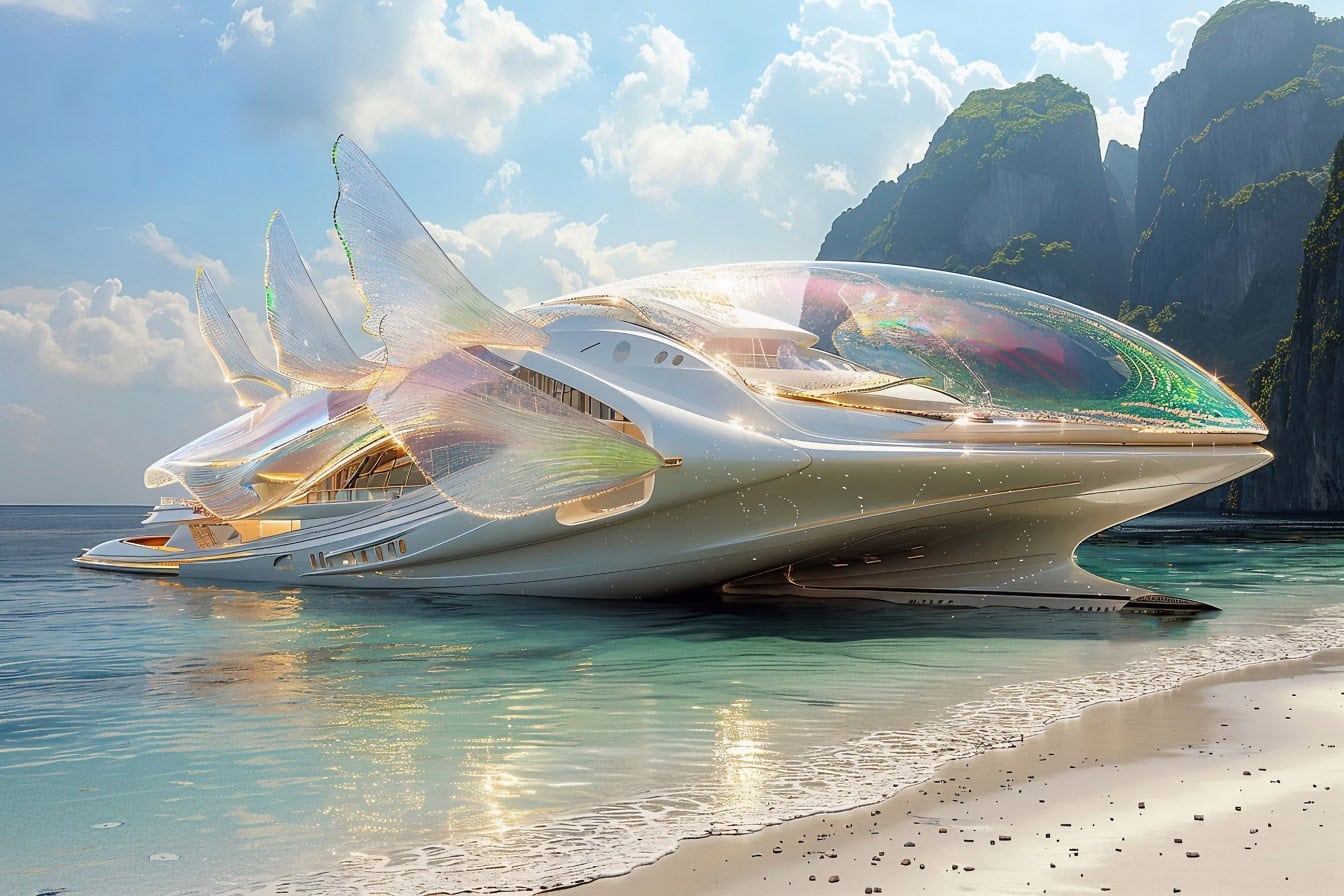 Eine Premium-Fotomontage einer großen futuristischen Kreuzfahrtschiff-Yacht mit transparenten Fischflossen