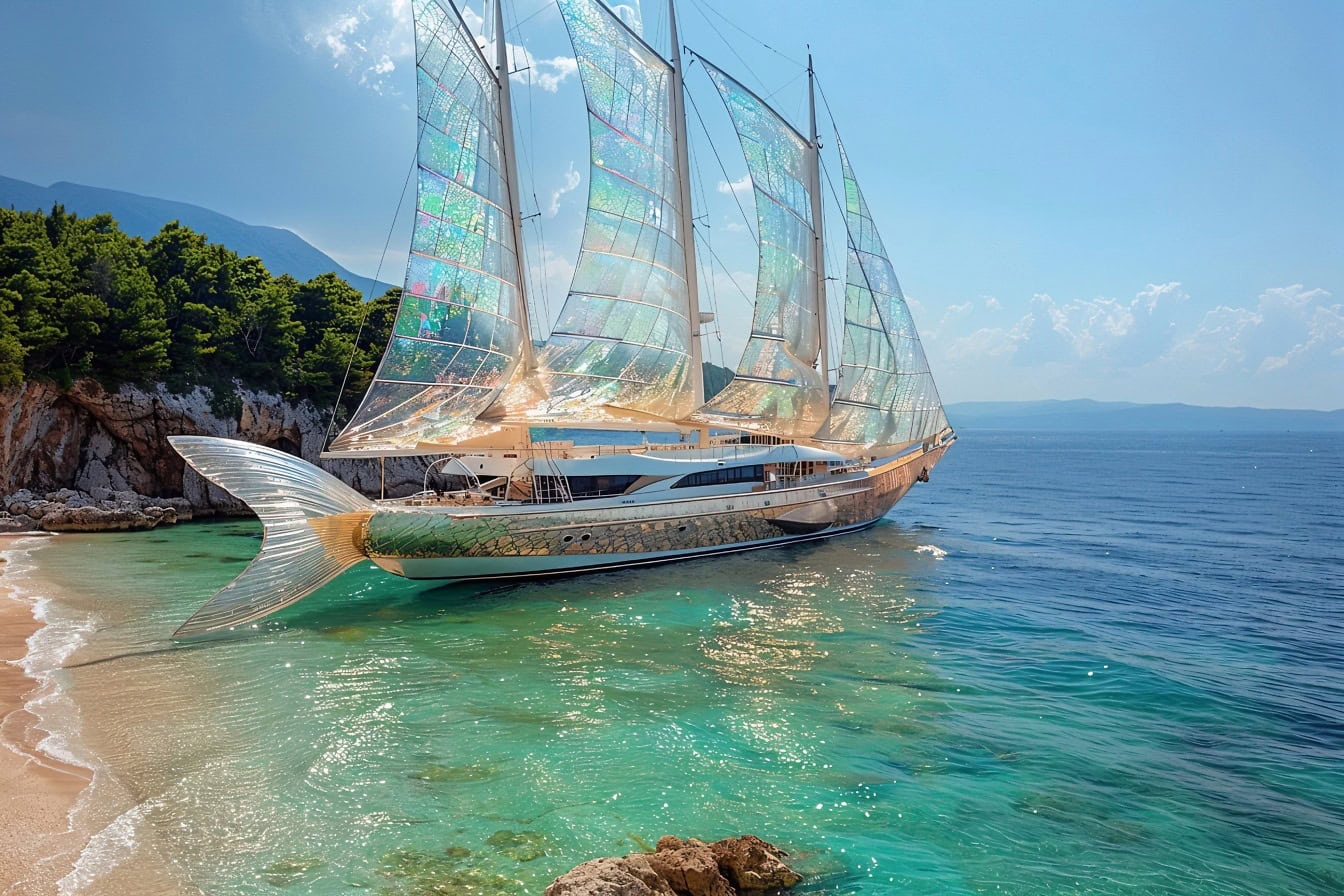 Una grafica premium di una barca a vela a forma di pesce marino con vele trasparenti e pinna a coda di pesce in riva al mare