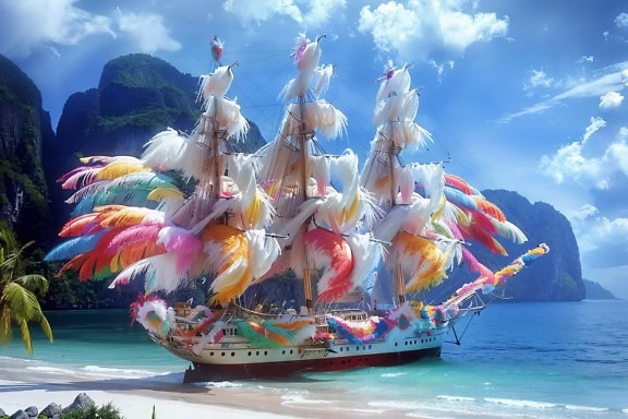 Photomontage d’un voilier aux plumes colorées sur des voiles ancré sur une plage tropicale de sable