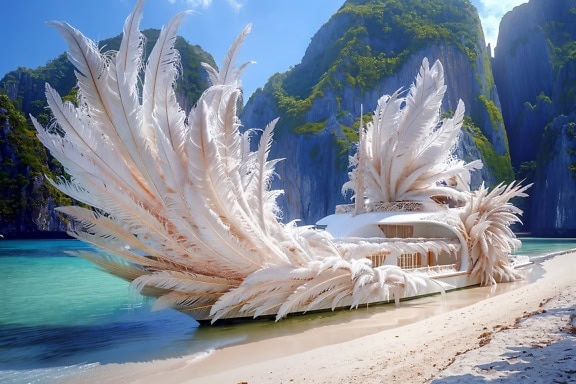 Premium-Fotomontage einer Luxusyacht mit weißen Federn darauf, die am tropischen Strand angedockt ist