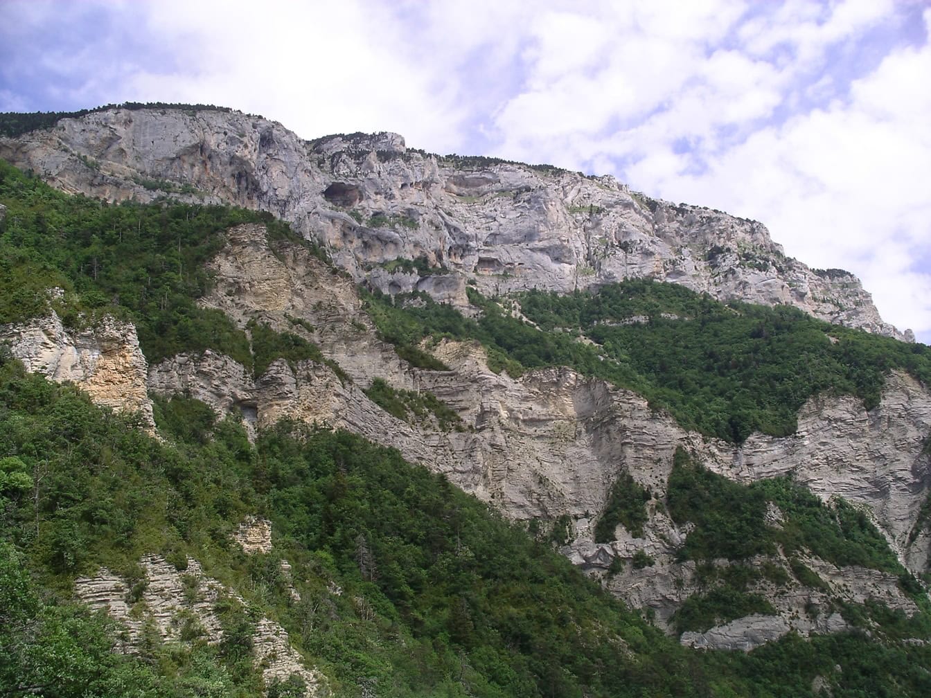 Una montagna con scogliere rocciose e alberi su scarpate e pendii