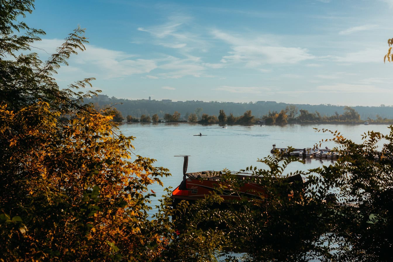 Pohled na jezero ze břehu zarostlé křovinami na lodi na jezeře