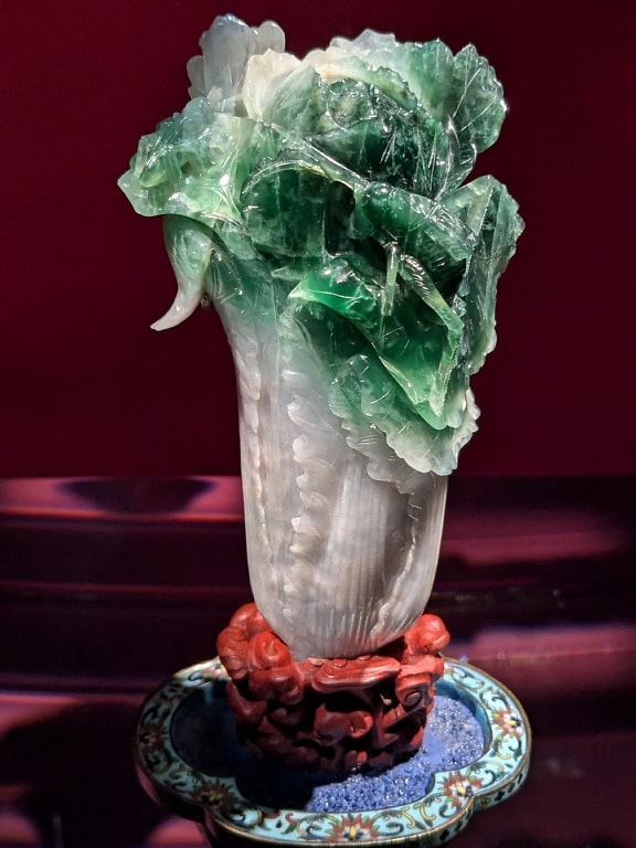 The Jadeite Cabbage a green and white sculpture made of a Jadeite a pyroxene mineral, National palace museum, Taipei, Taiwan