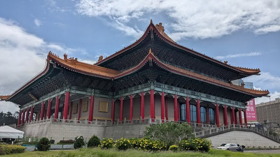 Museum building in traditional Chinese architectural style with red pillars, Chiang Kai Sek Memorial Hall, Taipei, Taiwan