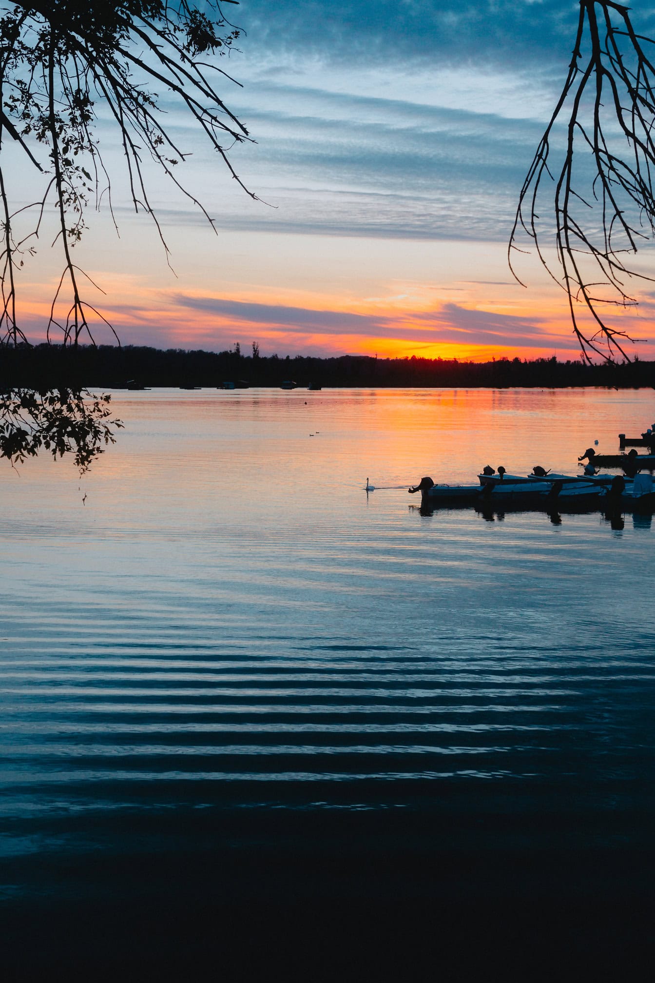 Fotografía de paisaje vertical, puesta de sol con cielo dramático sobre la orilla del lago en el crepúsculo