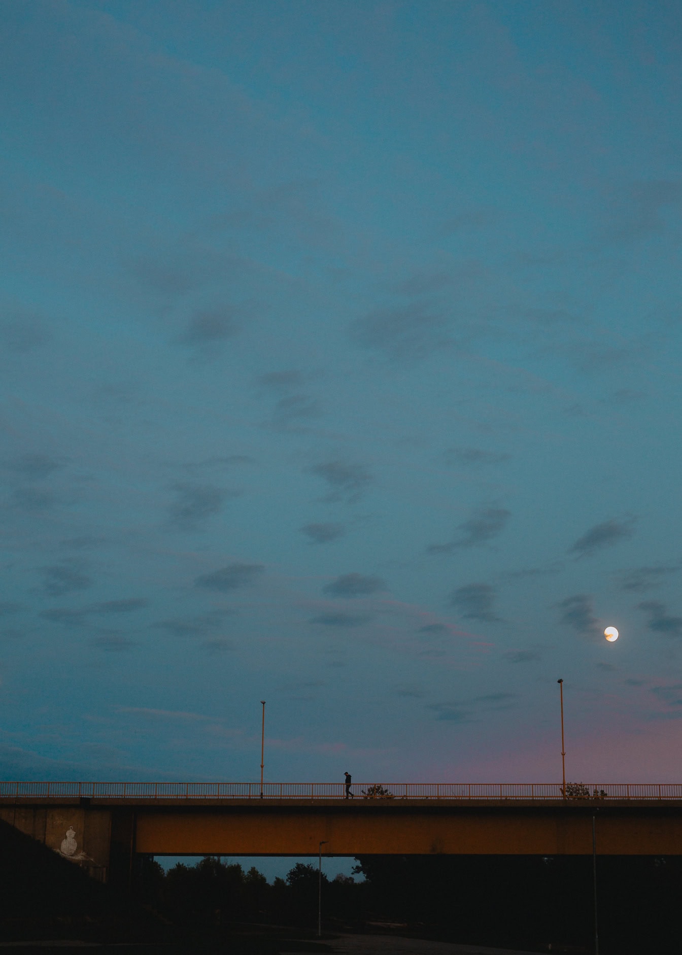 Silhouette of a person walking on a concrete bridge over Danube river at moonlight