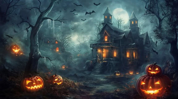 Haunted Halloween gothic dark house with pumpkins and bats at dark night with a moonlight