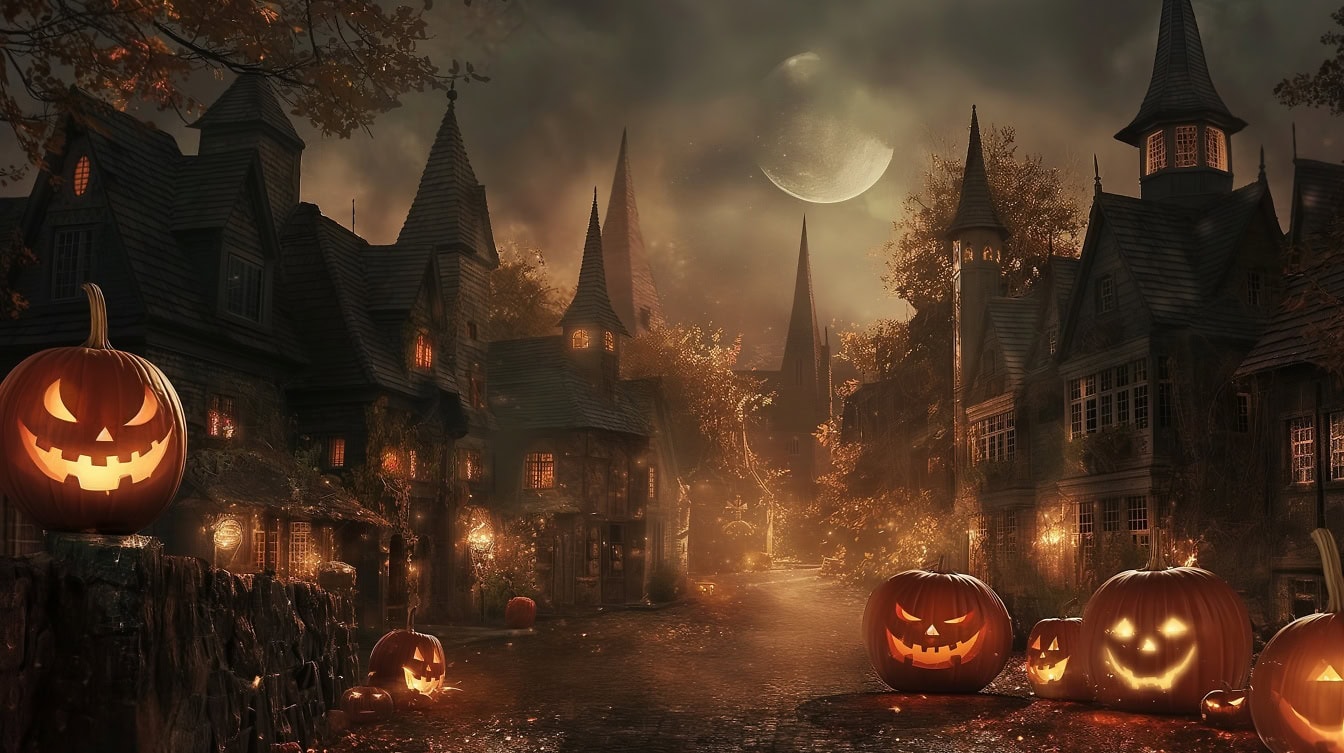 Ilustración espeluznante de la escena de la calle oscura en la noche de Halloween con calabazas aterradoras en una calle en una tierra de cuento de hadas