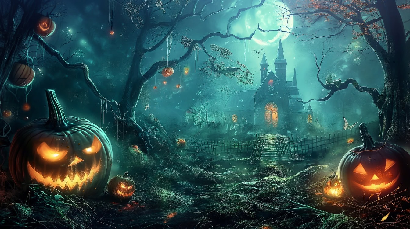 Ilustrace strašidelné pohádky s dýněmi na cestě, která v noci vede ke strašidelnému tmavému halloweenskému domu