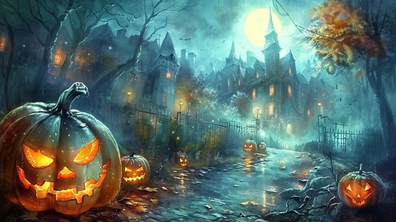 Painting of a Halloween scene with pumpkins on a path that leads to a haunted spooky house at night