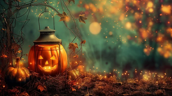 Una magica lanterna di zucca di Halloween con una candela all’interno