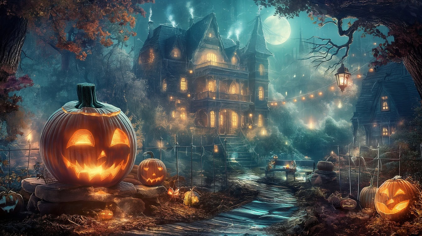 Illustrazione di una fiaba con zucche per Halloween su un sentiero che porta a una casa spaventosa al chiaro di luna