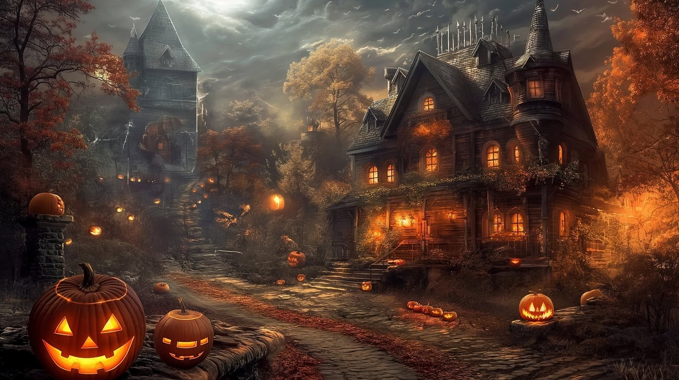 Illustration of a Halloween scene at night with spooky houses with lights in pumpkins