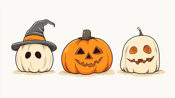 Illustration of a three spooky ghost made of Halloween pumpkins with scary face and a witch hat