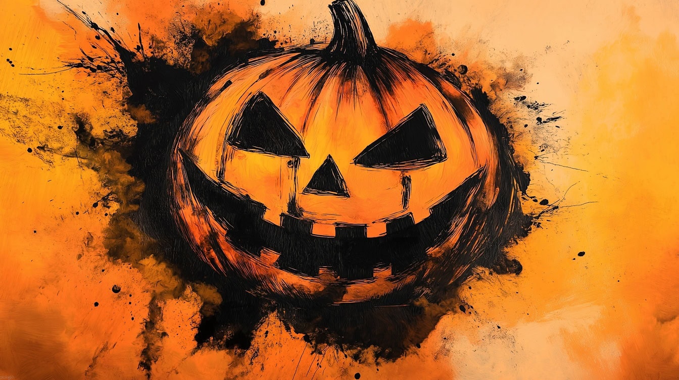 Horror illustration of a Halloween pumpkin with a spooky face drawn on it on orange-yellow background