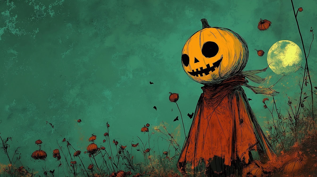 Illustrazione spettrale di uno spaventapasseri nel campo con una testa di zucca di Halloween e un mantello rosso