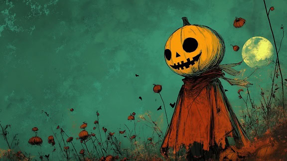 Spöklik illustration av en fågelskrämma i fältet med ett halloweenpumpahuvud och en röd kappa