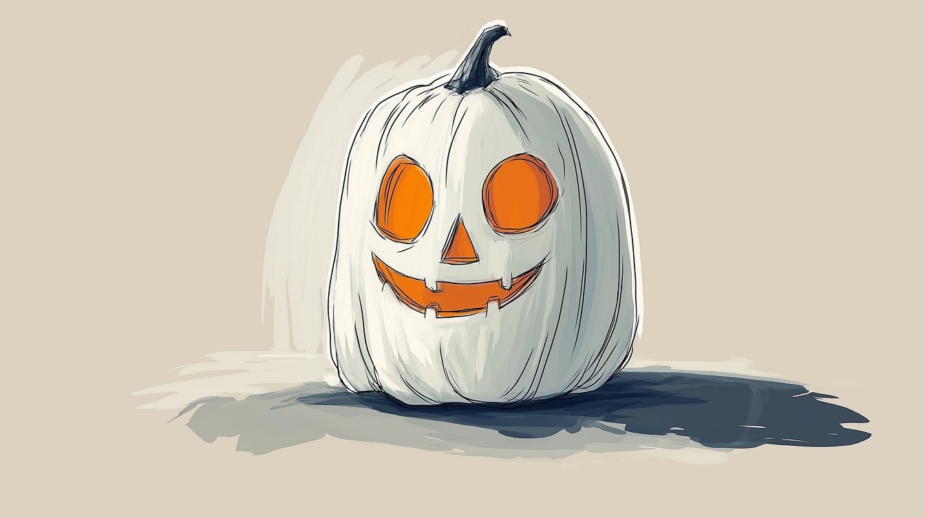 Rolig illustration av en gråvit Halloween-pumpa med ett snidat ansikte