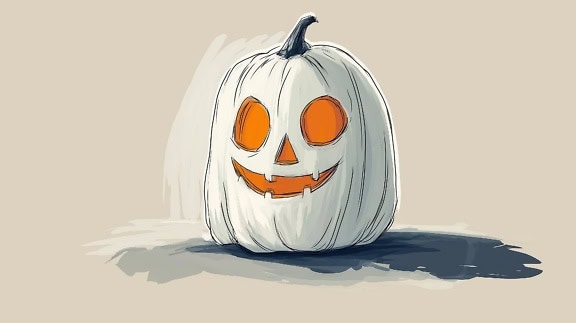 Funny illustration of a grey-white Halloween pumpkin with a carved face