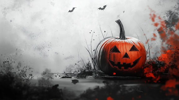 Kreativní hororová ilustrace oranžovo-červené dýně na Halloween s vyřezaným děsivým obličejem a netopýry létajícími v pozadí