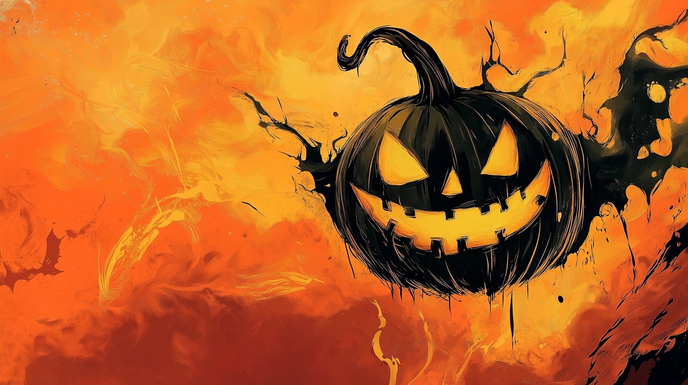 Zucca nera di Halloween infestata con una faccia gialla horror su sfondo giallo-arancio, una carta da parati spettrale di Halloween