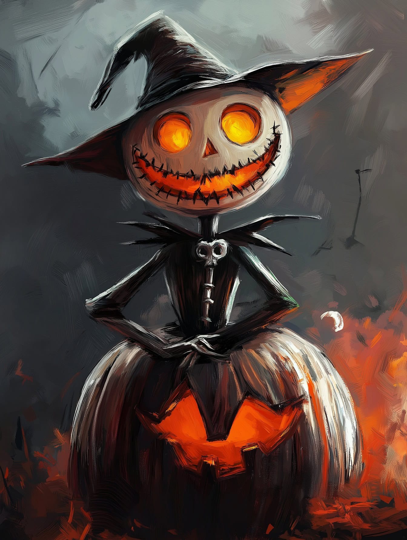 Spooky painting of a scarecrow with a pumpkin head for Halloween with a witch’s hat, a spooky illustration with a figure of a pumpkin