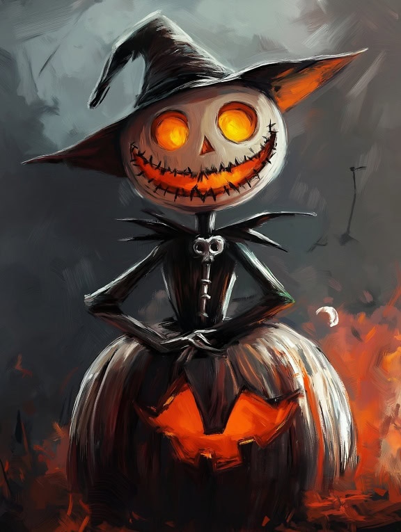 Strašidelný obraz strašáka s dýňovou hlavou na Halloween s čarodějnickým kloboukem, strašidelná ilustrace s postavou dýně