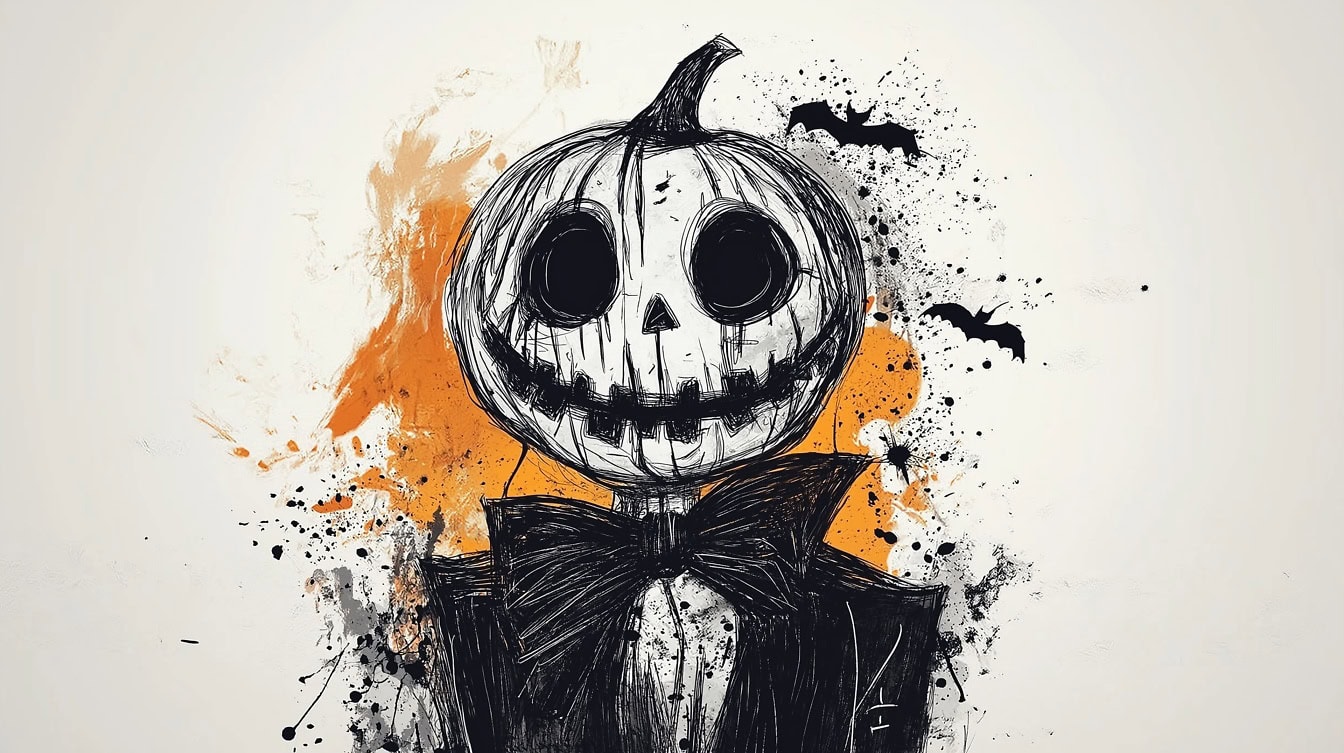 Un dessin effrayant d’un épouvantail avec une tête de citrouille d’Halloween dans un smoking noir avec un nœud papillon