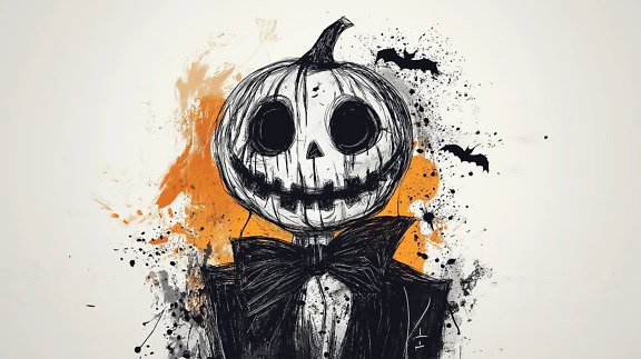 A spooky drawing of a scarecrow with Halloween pumpkin head in a black tuxedo with a bowtie